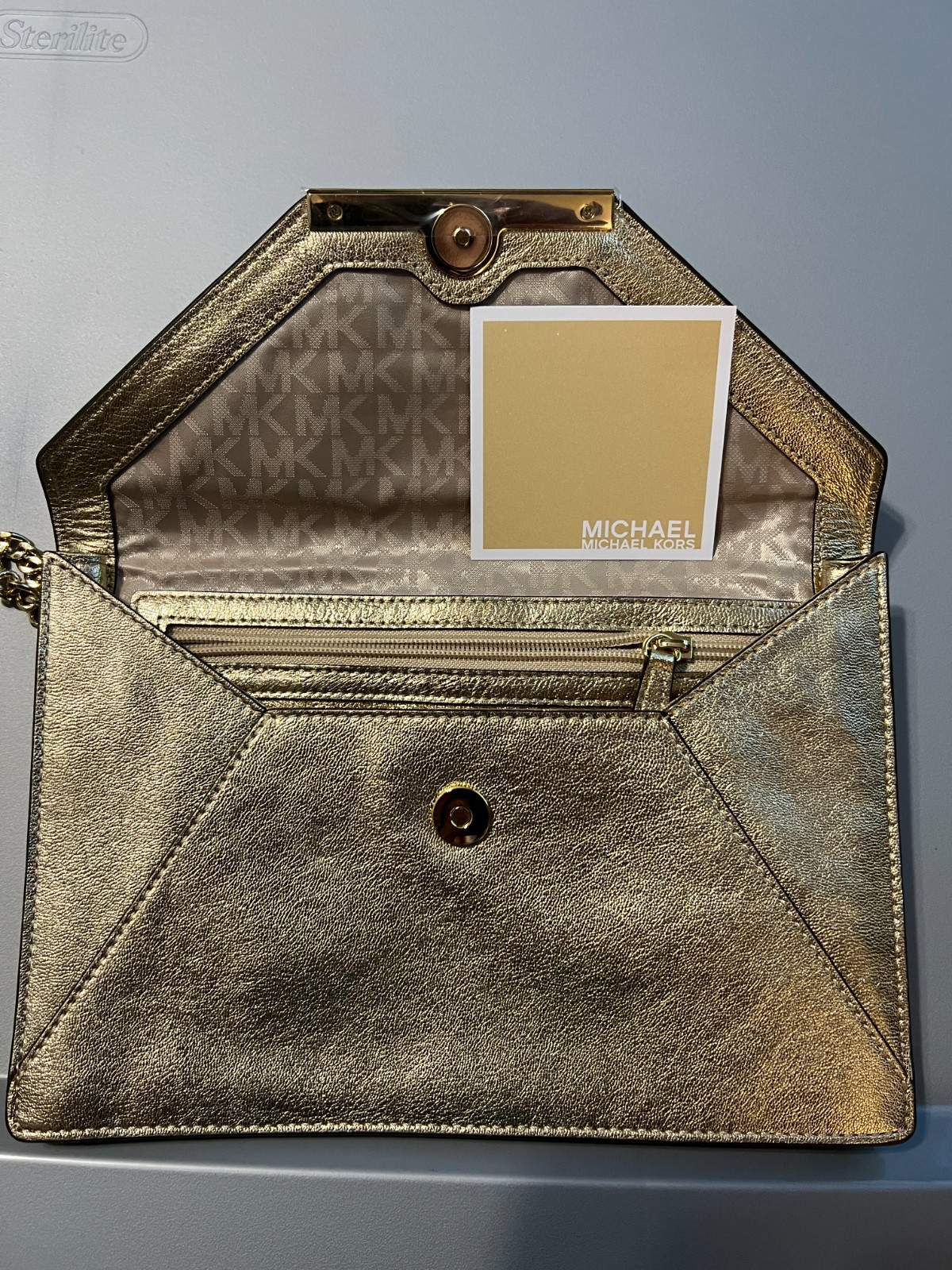 Michael Kors Athena Small Metallic Leather Convertible Clutch Pale Gold Crossbod