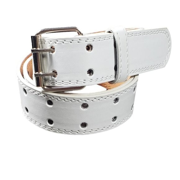 Genuine Leather Men’s Two Row Double Row Prong Holes Casual White Belts NWT